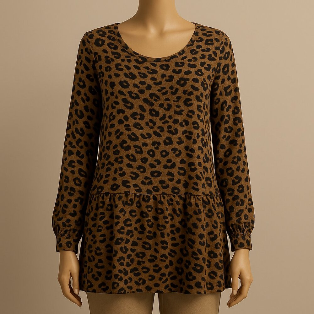 Terra & Sky Leopard Print Tunic 4X Cinched Sleeves & Ruffle Hem